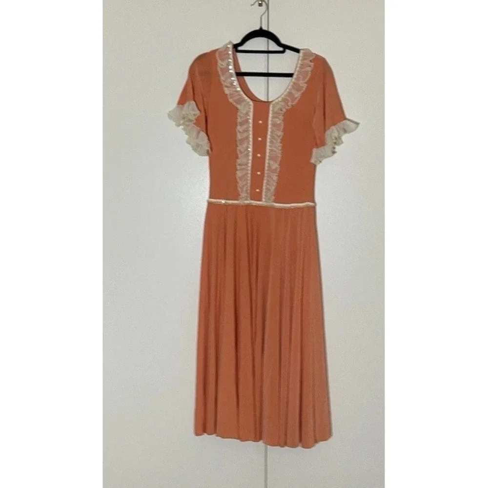 Cottagecore Prarie peach-colored‎ dress lace sequin trim Morute Costume